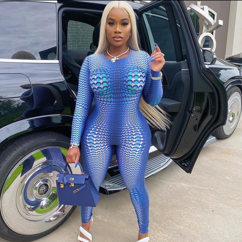 Summer Sexy Fashion Printed Long Sleeve Slim Casual Sports One-Piece Trousers For Women