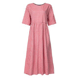 Gingham Dress Spring Plaid Summer Leisure Artistic Temperament Short Sleeve round Neck Swing Dress