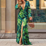 Nina Parker plus Size Dresses Long Sleeve Deep V-neck Sexy Slit Dress