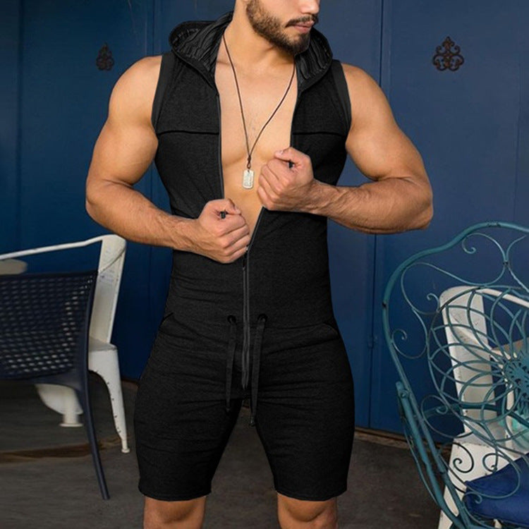 Rave Outfits Men Shorts 2 Piece Set Hooded Outer Wear Sexy Jumpsuit Casual Sports