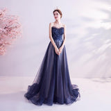 Women'S Evening Dress Ball Gown Princess Quinceanera Wedding Dresses Blue Starry Party Host Tube Top Tulle Tutu