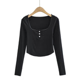 Women Fall Fall Four Colors Lace Collar Long Sleeve T-shirt Slim-Fit Crop-Top