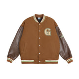 Brown Varsity Jacket I Autumn Retro Patchwork Leather Sleeve Letter Baseball Uniform Jacket