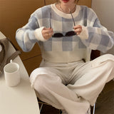 Preppy Aesthetic Sweater Women's Autumn Plaid Crew Neck Long Sleeve Pullover Sweater Women