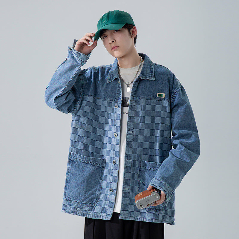 Denim Varsity Jacket Fall Winter Cowboy Coat Men's Loose Plaid Jacquard Jacket