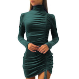 Winter Formal Dresses Autumn and Winter Suede Drawstring Turtleneck Dress Fashion Long Sleeve Skinny Sheath Dress Skirt