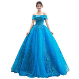 Women's Evening Dress Ball Gown Princess Quinceanera Wedding Dresses Lake Blue Off-Shoulder Evening Gown Pettiskirt