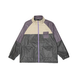 Beige Varsity Jacket Color Contrast Patchwork PU Leather Jacket Men's Color Stitching Stand-Collar Leather Jacket Baggy Coat