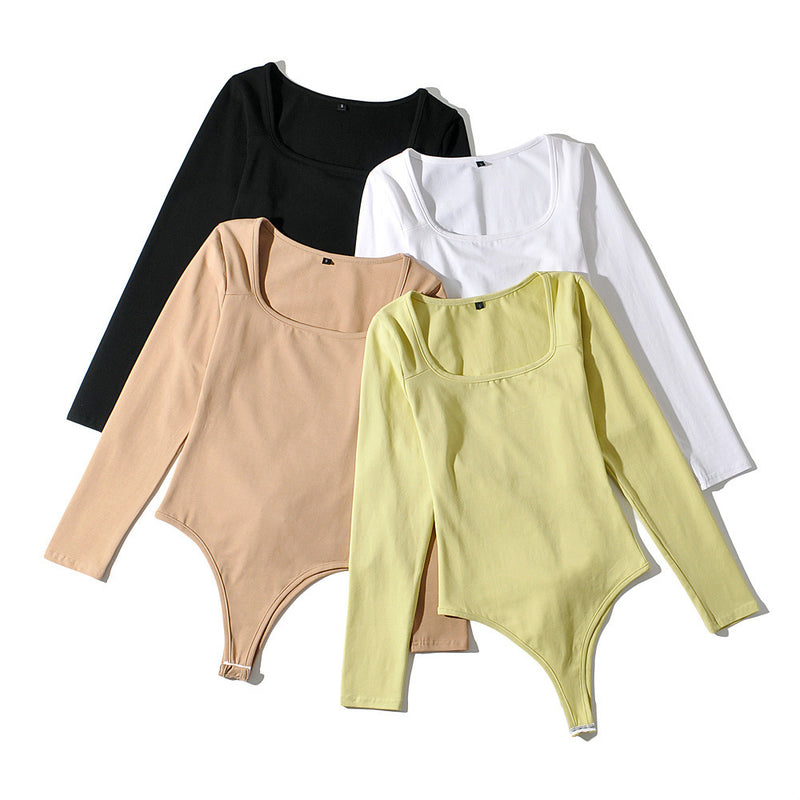 Women Fall Fall Four-Color Square Collar Stitching Jumpsuit Slim Fit Bottoming Top
