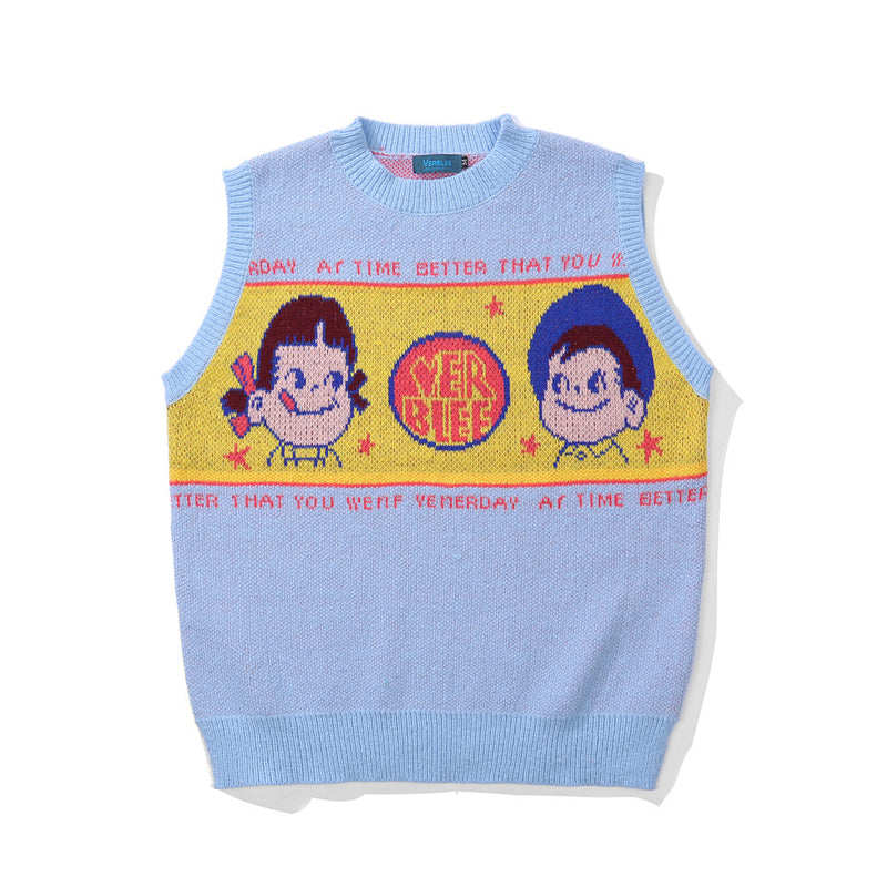 Men Sweater Vest Cartoon Character Jacquard Sleeveless Sweater Vest Men's Loose round Neck Sweater Vest Coat