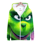 Grinch Hoodie 3D Color Printing Men's and Women's Zipper Sweater