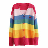 Women Fall Fall Rainbow Embroidered Cardigan V-neck Single Breasted Mid-Length Top