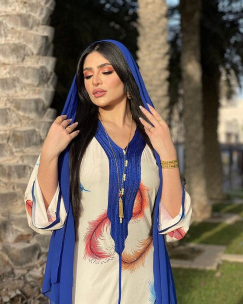 Muslim Women Stylish Kashibo Abaya Muslim Ladies Long Gown Islamic Clothing Jilbab Jalabiya Feather Print Dress for Women
