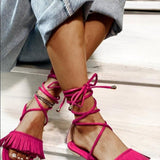 Women Open Toe Sandals Flats Summer Cross Strap Tassel Large Size Flat Bottom Sandals