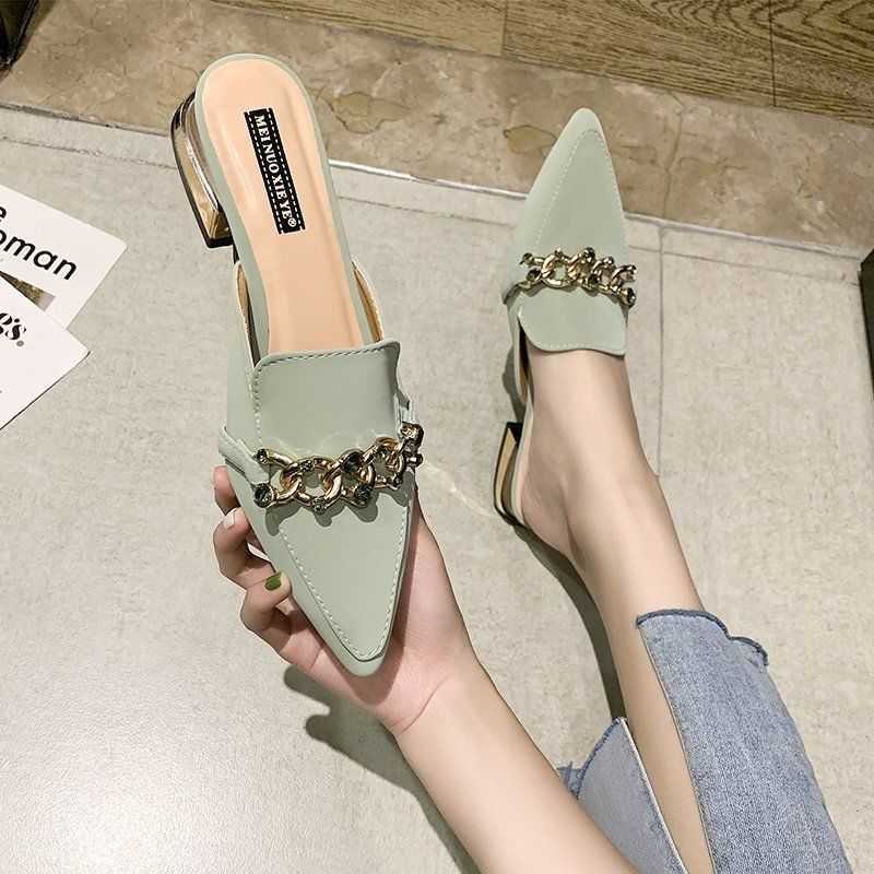 Finn Chain Pointed Toe Mule Spring Closed Toe Half Slippers Women's Low Heel Pointed-Toe Mules Shoes