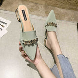 Finn Chain Pointed Toe Mule Spring Closed Toe Half Slippers Women's Low Heel Pointed-Toe Mules Shoes