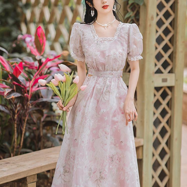 Women Cottagecore Dress Summer Gentle Floral Dress Fairy Holiday Dress