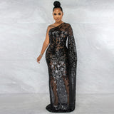 1920S Dress Embroidery Sequin Mesh Diagonal Shoulder Sexy Evening Dress