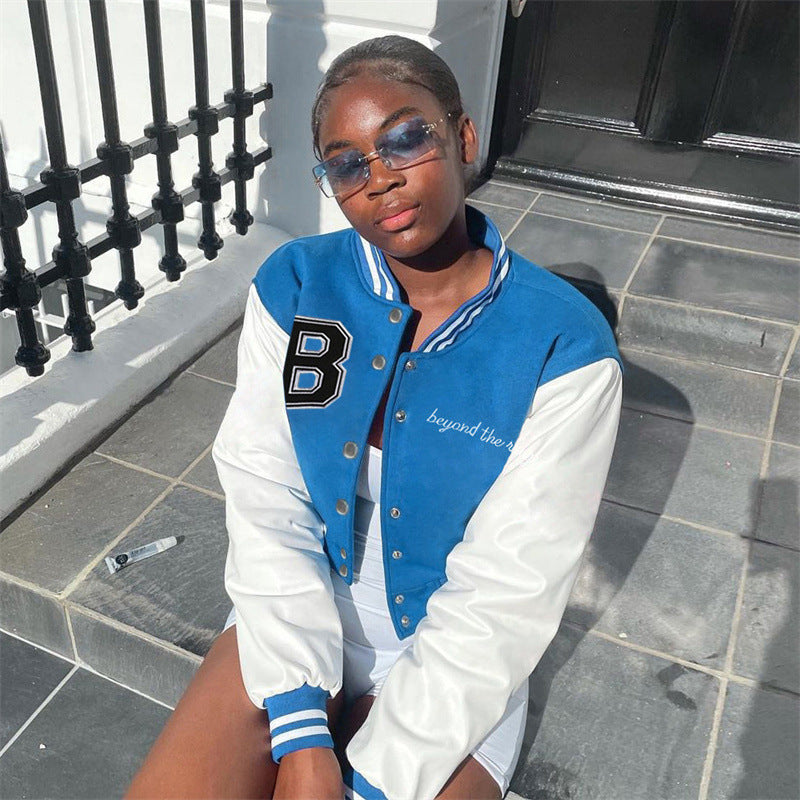 Brown Cropped Varsity Jacket Slim Fit Stand Collar Baseball Uniform Short Coat