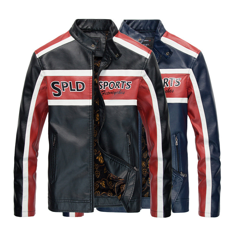 Graphic Leather Jacket Women Men's Spring and Autumn Stand Collar Motorcycle Clothing Fleece Jacket Men's Coat