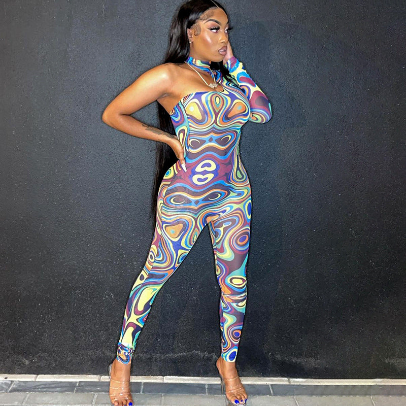 Tie-Dyed Printed Irregular One-Shoulder Long Sleeve Sexy Tight Trousers Jumpsuit