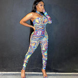 Tie-Dyed Printed Irregular One-Shoulder Long Sleeve Sexy Tight Trousers Jumpsuit