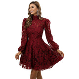 Burgundy Dresses For Wedding Bridal Dress Banquet Long-Sleeved Red Lace Hollow-Out Short Skirt Women