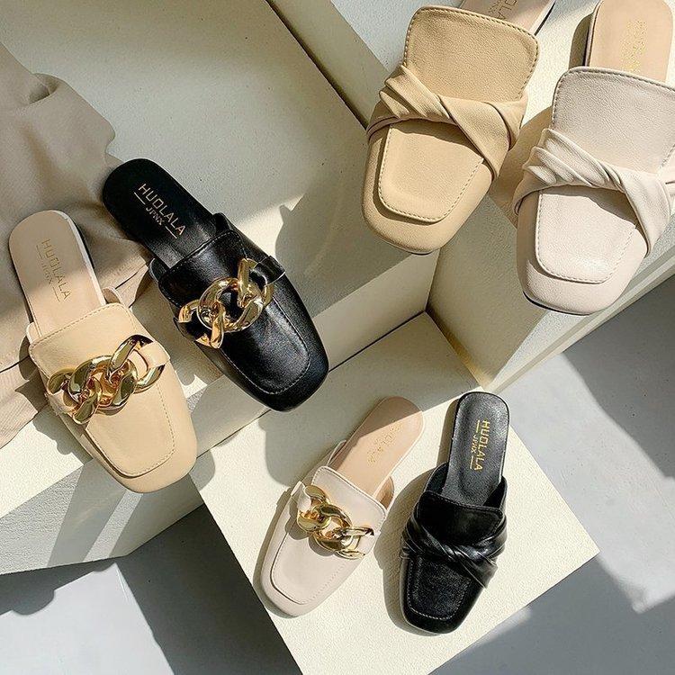 Finn Chain Pointed Toe Mule Closed Toe Half Slippers Women's Summer Outdoor Casual Square Toe Flat Bottom Lazy Half Slippers