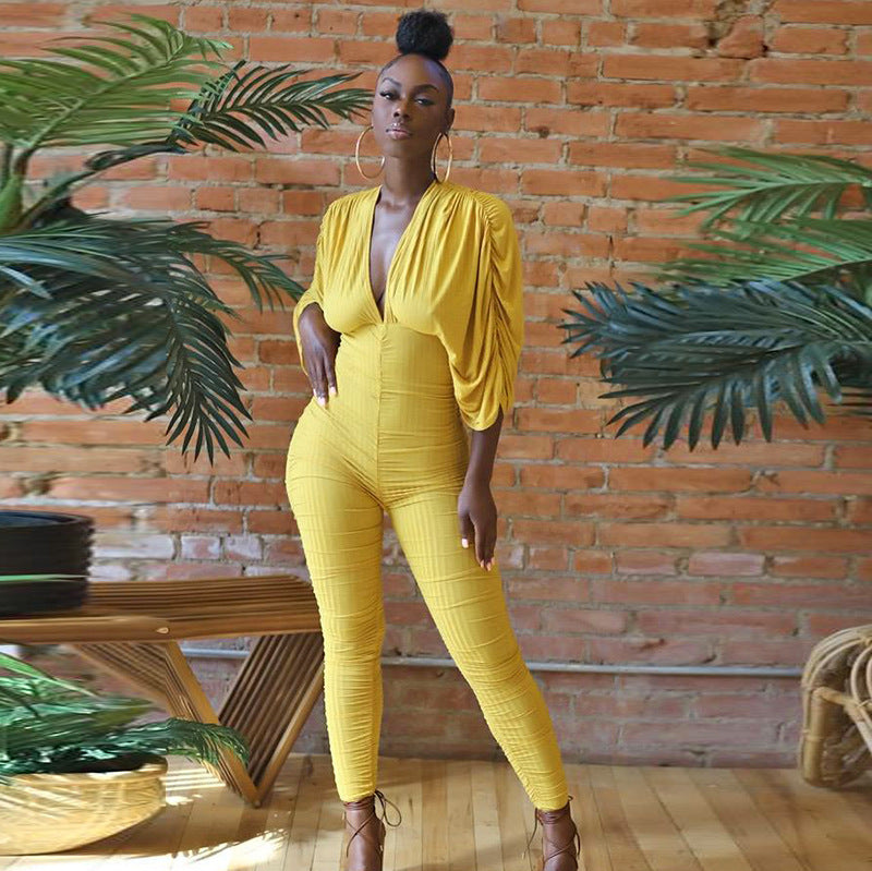 Solid Color Deep V Lace-up Pleating Long Sleeve Tight Trousers Jumpsuit for Women