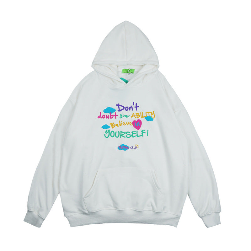 Mens Fall Outfits Letter Graffiti Couple Hooded Top Loose Street Hanging Shoulder Fleece Sweater
