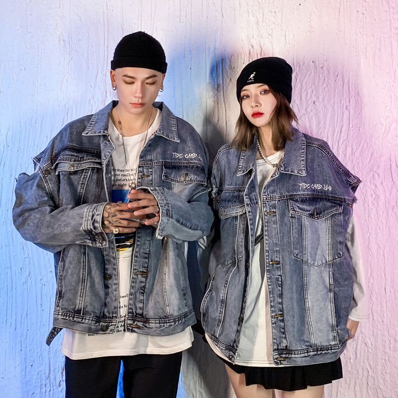 Men Denim Coat Jean Jackets Detachable Cuff Stitching Denim Clothing Men Street Reflective Stripe Overalls Harajuku Style Loose Jacket