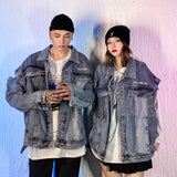 Men Denim Coat Jean Jackets Detachable Cuff Stitching Denim Clothing Men Street Reflective Stripe Overalls Harajuku Style Loose Jacket