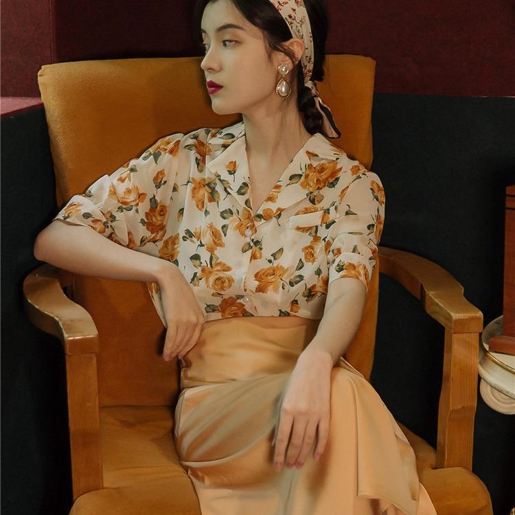 Women Retro Cottagecore Vintage Dress Fashion Retro Short Sleeve Lapel Printed Shirt Skirt Two-Piece Set