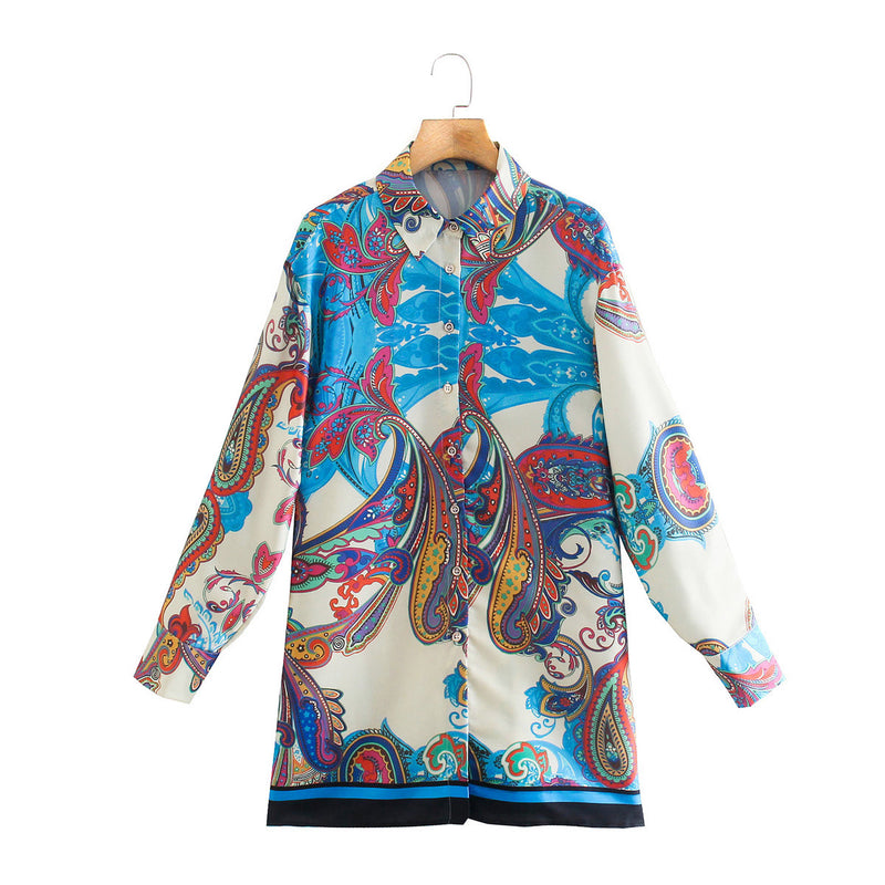 Women Fall Fall Satin Textured Loose Shirt Printed Mid-Length Top