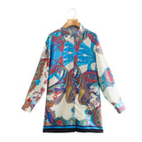 Women Fall Fall Satin Textured Loose Shirt Printed Mid-Length Top
