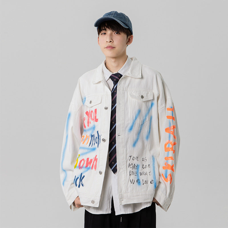 Denim Varsity Jacket Loose Hand Painted Patterned Denim Jacket Men's Graffiti Jacket