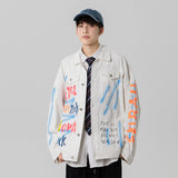 Denim Varsity Jacket Loose Hand Painted Patterned Denim Jacket Men's Graffiti Jacket