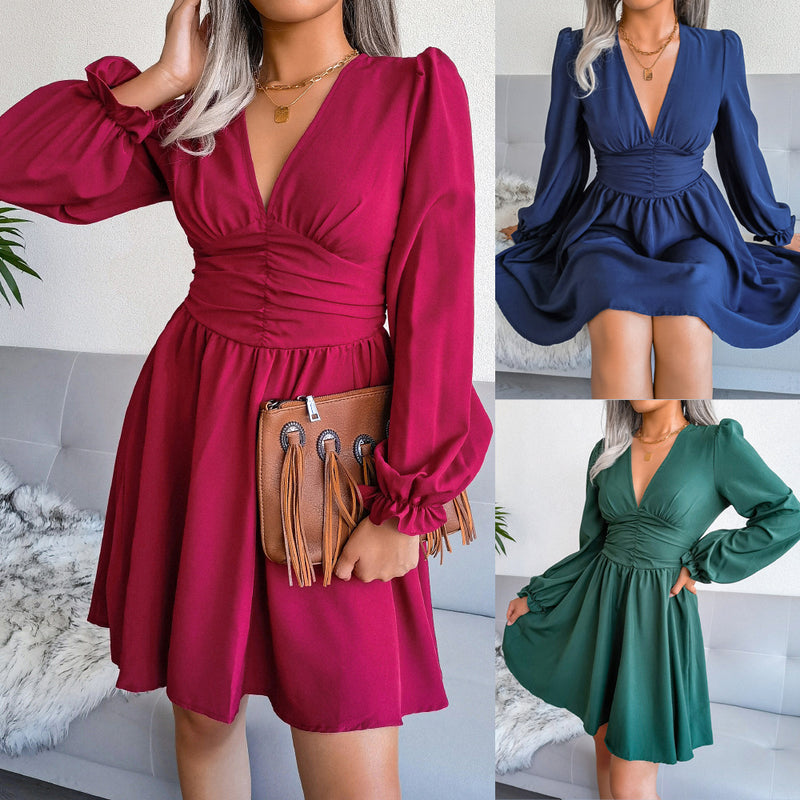Winter Formal Dresses Autumn Winter Sexy V-neck Tight Waist Chiffon Pleated Dress