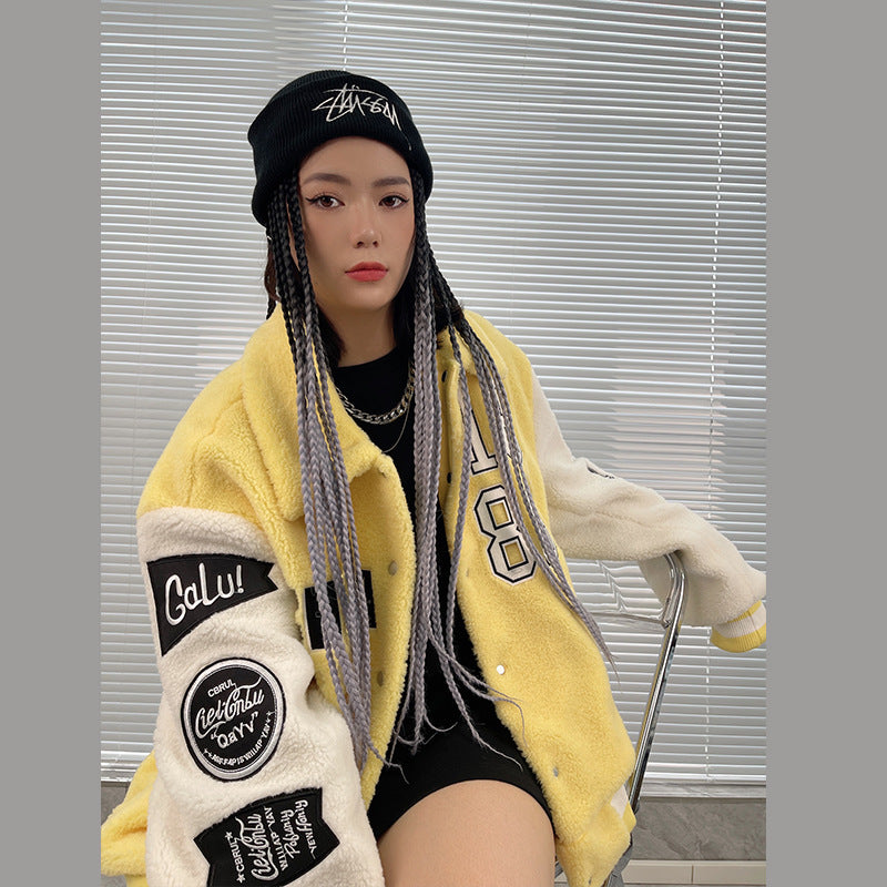 Red Varsity Jacket Autumn and Winter Hip Hop Motorcycle Lambswool Wool Coat Thick Winter Clothes Men and Women Couple Style
