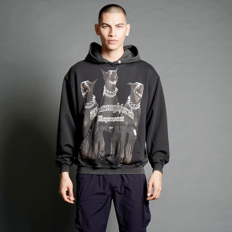 Present Thoroughbred Doberman Dog Print Hoodie Vintage Printed Washed Distressed Hoodie