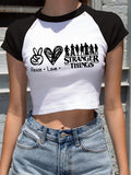 Stranger Things T Shirt Cow Head Print Exposed Navel Black Sleeve Stitching Cartoon T-shirt Sexy