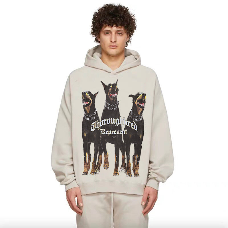 Present Thoroughbred Doberman Dog Print Hoodie Hip Hop Vintage Printing plus Velvet Hoodie Fog