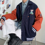Corduroy Varsity Jacket Corduroy Bear Embroidery Couple Jacket Men's Spring and Autumn Loose Baseball Uniform