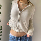 Preppy Aesthetic Sweater Hooded Zipper Solid Color Coat Short Top