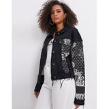 Women Denim Jacket Fashion Black Denim Jacket Spring and Autumn Print Turn-down Collar Coat