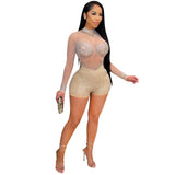 See through Pants Suit Fashion Sexy round Neck Long Sleeve Nightclub Party Hot Drilling Jumpsuit