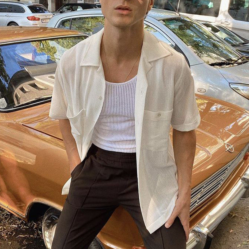 Rave Outfits Men Shirt Casual Draping Shirt Men Solid Color Shirt Short Sleeve