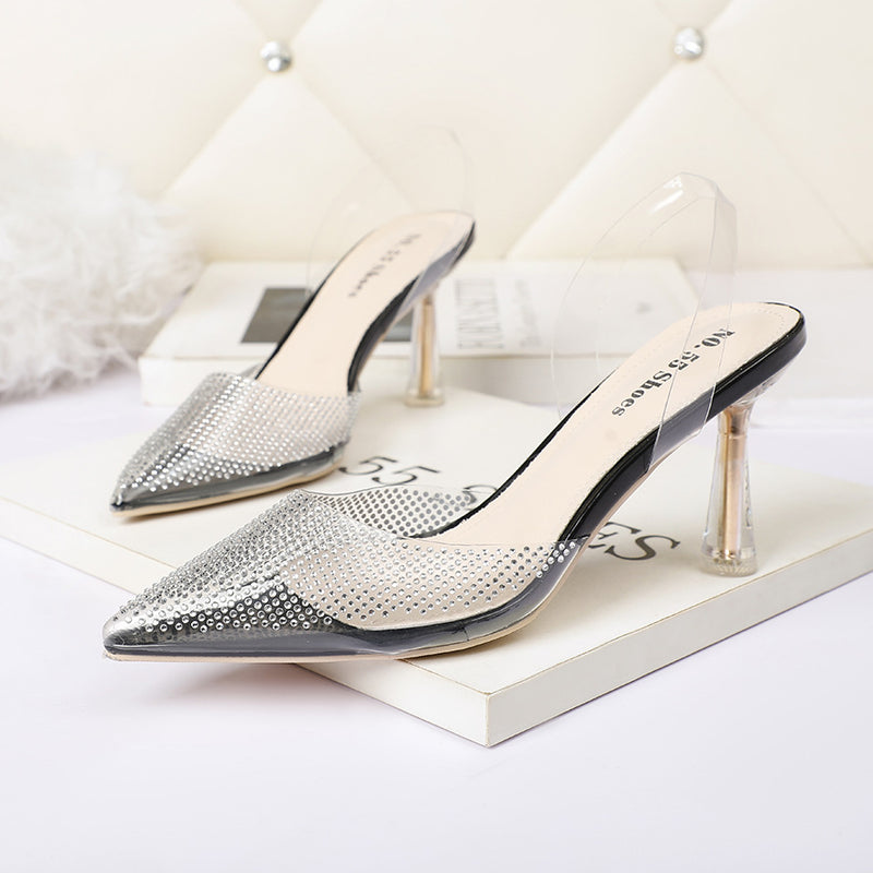 Nude Block Heels Closed Toe Transparent Rhinestone Sandals