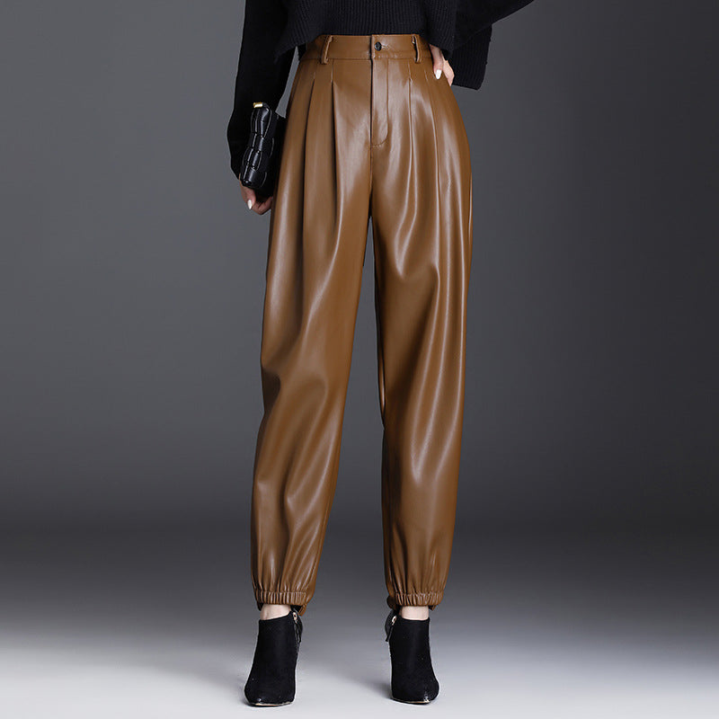 Brown Leather Pants Elastic Waist Harem Pants Autumn and Winter Casual Pants Thin Velvet High Waist Thin Baggy Pants