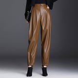 Brown Leather Pants Elastic Waist Harem Pants Autumn and Winter Casual Pants Thin Velvet High Waist Thin Baggy Pants